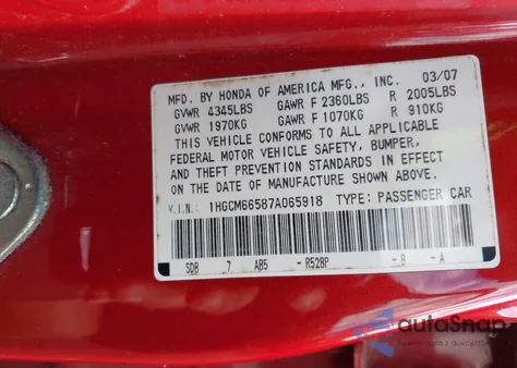 2007 Honda Accord 3.0 Ex from USA, damaged, VIN 1HGCM66587A065918